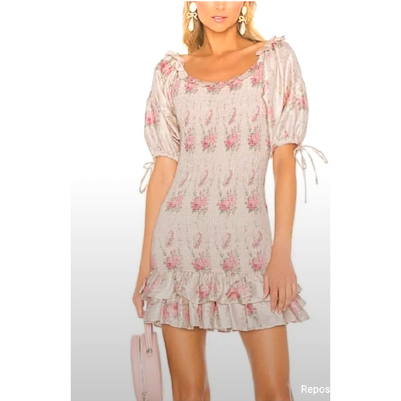 New‎ Loveshackfancy Silk Violet Mini Dress in Dolce Floral Large - Picture 4 of 12